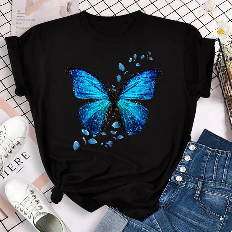 Women's Colorful Butterfly Petal Print T-shirt Short-sleeved Round Neck Cute Graphic Top