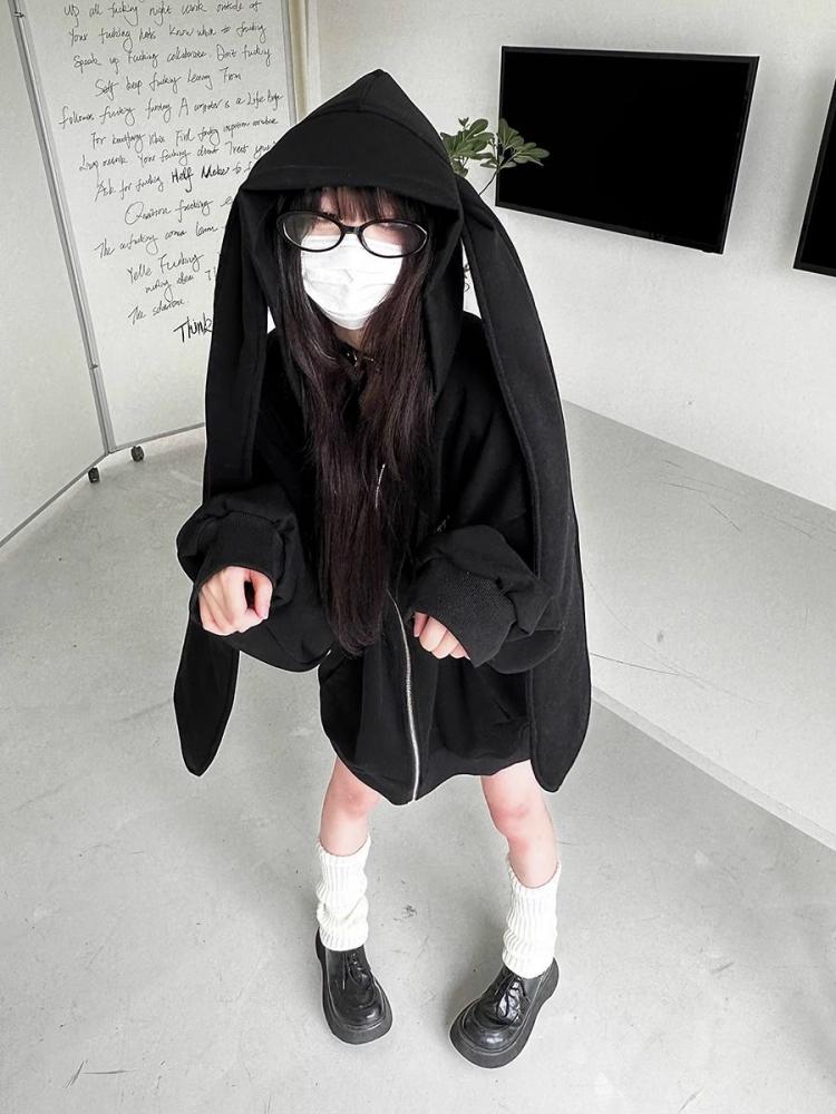 Белые кавайные толстовки на молнии с заячьими ушками, женские японские укороченные толстовки с длинными рукавами, женская одежда в консервативном стиле, осенняя одежда