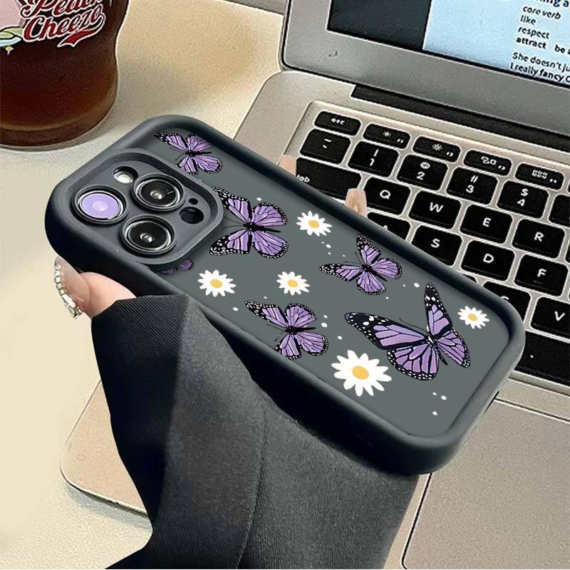 Funda de teléfono artística con mariposa morada para iPhone 16 15 14 13 12 11 SE Plus Pro Max, Silicone shockproof soft case