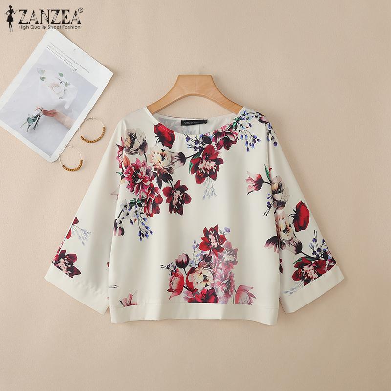 ZANZEA Women Casual Round Neck 3/4 Sleeve Loose Floral Print Blouse