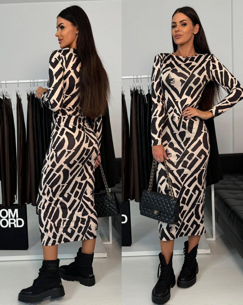 2024 Осеннее платье миди с абстрактным полосатым принтом для женщин