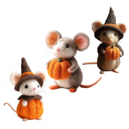 Halloween Felt Mouse Accessories Handmade Animals Statue with Pumpkin Decoration Table Shelf Desk Ornament