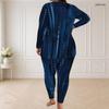 Women Plus Size Round Neck Long Sleeve Printed Blue Longline Top Fitted Pants Two Piece Set