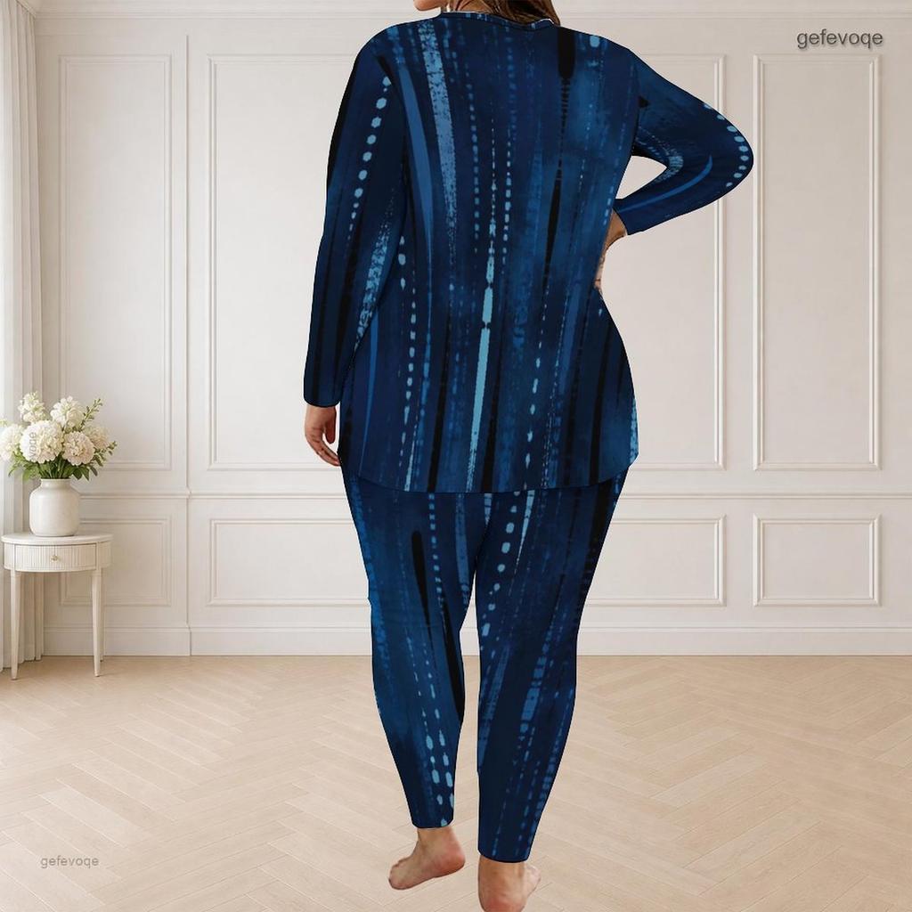 Women Plus Size Round Neck Long Sleeve Printed Blue Longline Top Fitted Pants Two Piece Set