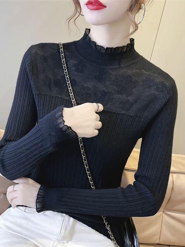 Women's Lace Top: Spring & Fall 2024 Long-Sleeve Knitted Sweater Pullover