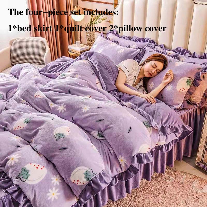 Толстый молочный бархат, четырехсекционная юбка-кровать, пододеяльник, наволочка, плюс бархатный теплый двусторонний пододеяльник, комплект постельного белья