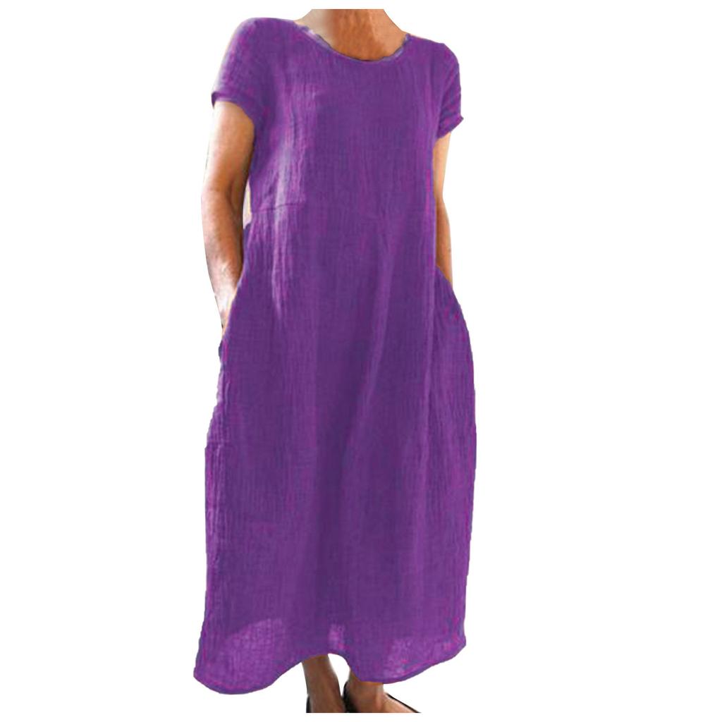 O Neck Sleeveless Loose Cotton Linen Pocket Long Dress Solid Color Women
