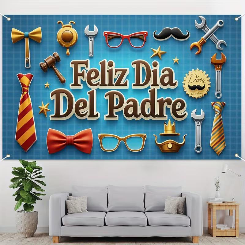 Мужской гобелен ко Дню отца, синий «Feliz Dia Del Padre» с инструментами, галстуками и аксессуарами, Праздничное настенное искусство для вечеринки