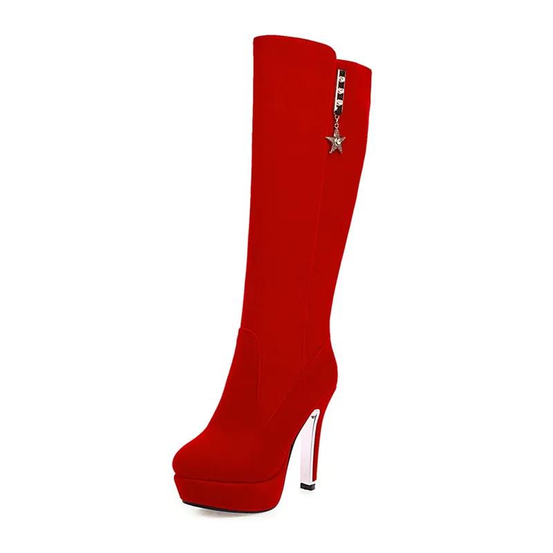 Женские высокие красные ботфорты на платформе и каблуке до колена, длинные сапоги из флока черного цвета, большие размеры 45 48, обувь, теплая обувь, 2025, зима, для дам
