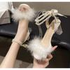 Sexy Crystal Women Summer Sandals Fluffy Peep Toe Stilettos High Heels Pumps Fur Feather Lady Wedding Shoes Large Size 42