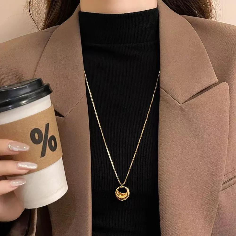 Minimalist Gold Color Stainless Steel Circular Droplet Shape Pendant Necklace for Women Non-fading Long Sweater Chain Jewelry