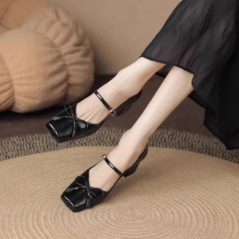 Весна Осень Толстые каблуки Женские Туфли Мэри Джейн Модные Туфли Бабочка-Узлы Женские Элегантные Туфли-лодочки Для Свадебной Вечеринки