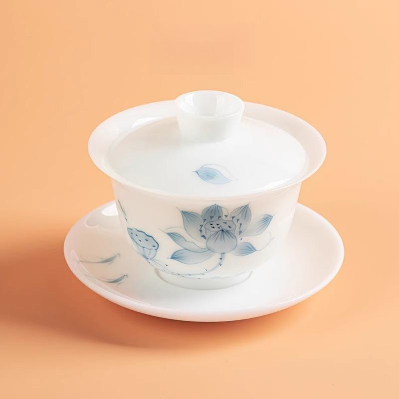 Porcelain Tea Set Chinese Tea Cup Hand Painted Lotus Gaiwan Luxury Gongfu Tea Ware Jade Ceramic Gift for Home Office Decor