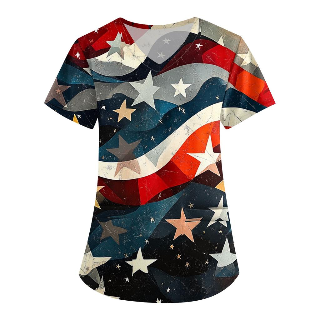 Women's Fashion V-neck Short-sleeved Work Dress With Pockets Independence Day Printed Top Carer Suit