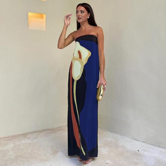 Women Maxi Dress Off Shoulder Sleeveless Backless Color Matching Print Slim Fit Straight Bandeau Anti-slip Prom