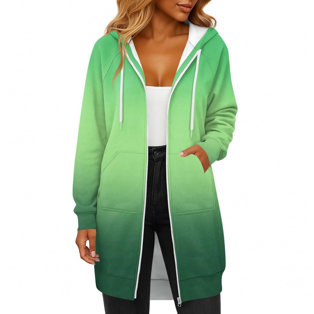 Women's Fashionable Printed Long Sleeved Drawstring Hooded Zipper Pocket Long Casual Sweatshirt Jacket