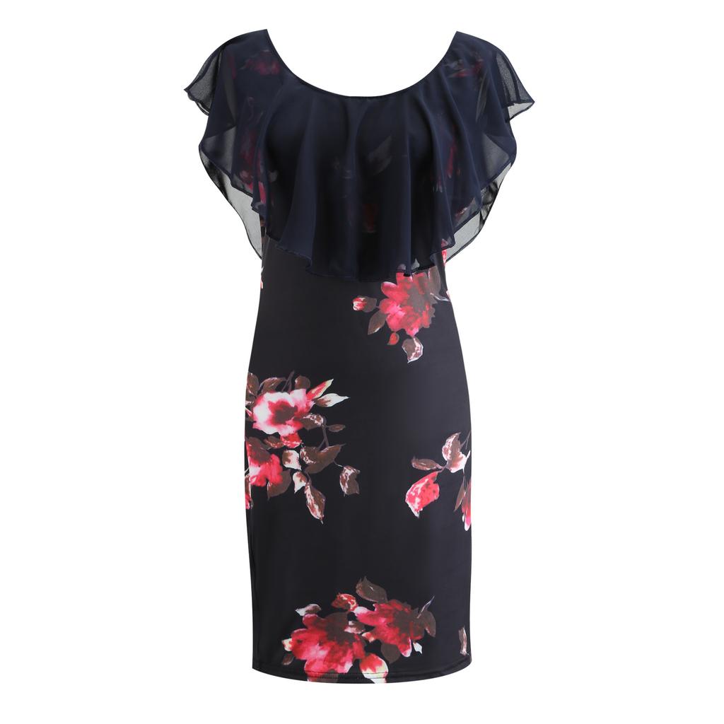 Женское коктейльное платье с принтом розы, пончо, мини-платья-карандаш, облегающее многослойное вечернее платье с рюшами