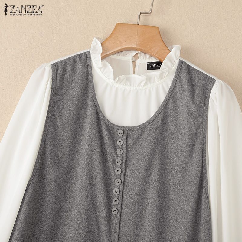 ZANZEA Women Casual Round Neck Long Sleeve Lace Splice Blouse