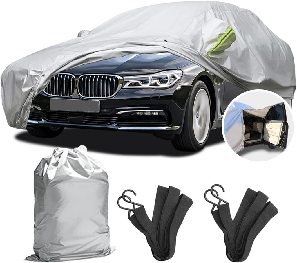 Car Cover for Sedans and Waterproof Body UV and with Nighttime Warning Rope SUVs, Cover, Protection, Dustproof, Windproof, (Silver, Large)