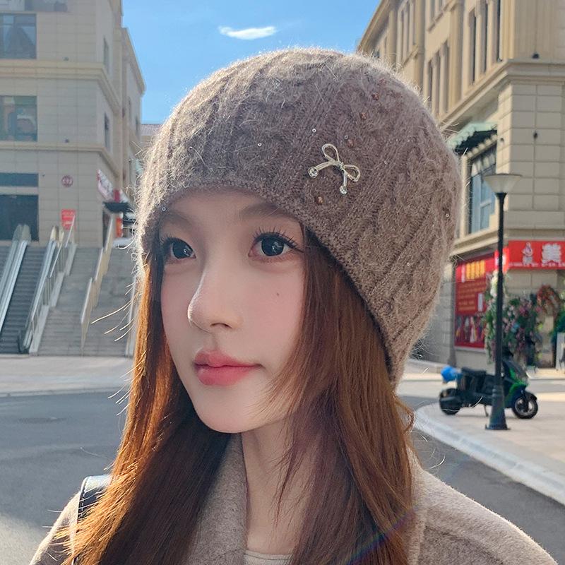 Вязаная шапка из кроличьего меха, женская осенне-зимняя утолщенная шапка для защиты от холода и защиты ушей, шерстяная шапка после сохранения тепла