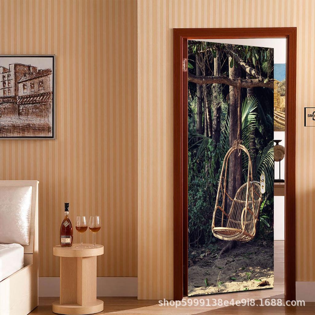 3D Creative Wooden Door Decoration Stickers Marble Simple Abstract Lines Flowers Wallpaper For Living Room Home Decor Bedroom Art Decals