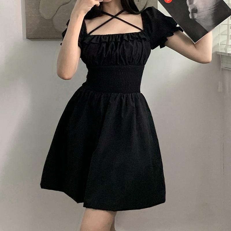 Темное готическое платье в стиле Лолиты, женское платье на шнуровке с квадратным вырезом, деревянное платье с ушками, женская короткая юбка трапециевидной формы с талией