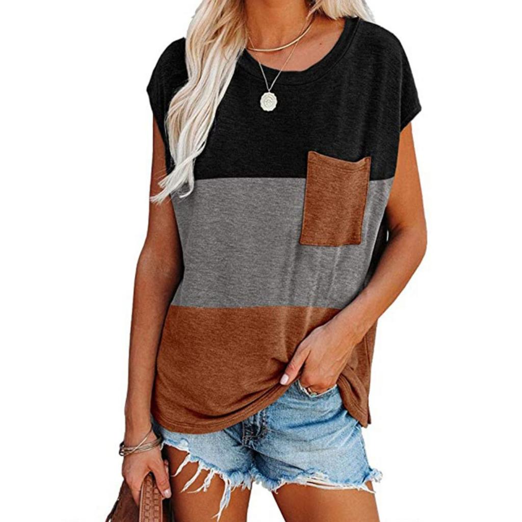 Women's Color Block Patch Pocket Round Neck Short Sleeve T-shirt, Casual Summer Top for European American, Fashion Cross-border Women's Clothing