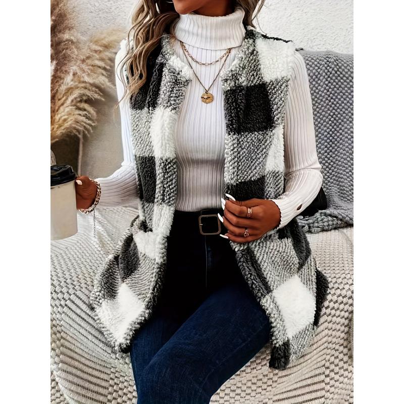 2025 Winter Plaid Print Double-Sided Plush Buttonless Pocket Cardigan Casual Women's Vest