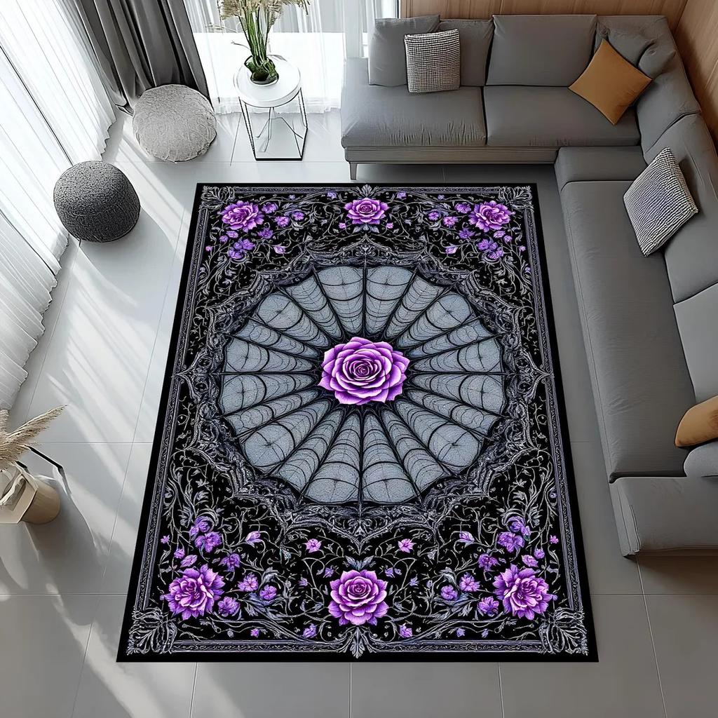 Готический ковер в виде летучей мыши, Цветочный вампирский ковер, Черно-фиолетовый ковер для гостиной с розами, Ковер, Моющийся ковер, Нескользящий коврик для пола