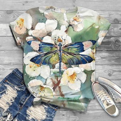 Женская летняя футболка тренд принт стрекозы ретро мода футболки с коротким рукавом повседневные принтованные топы