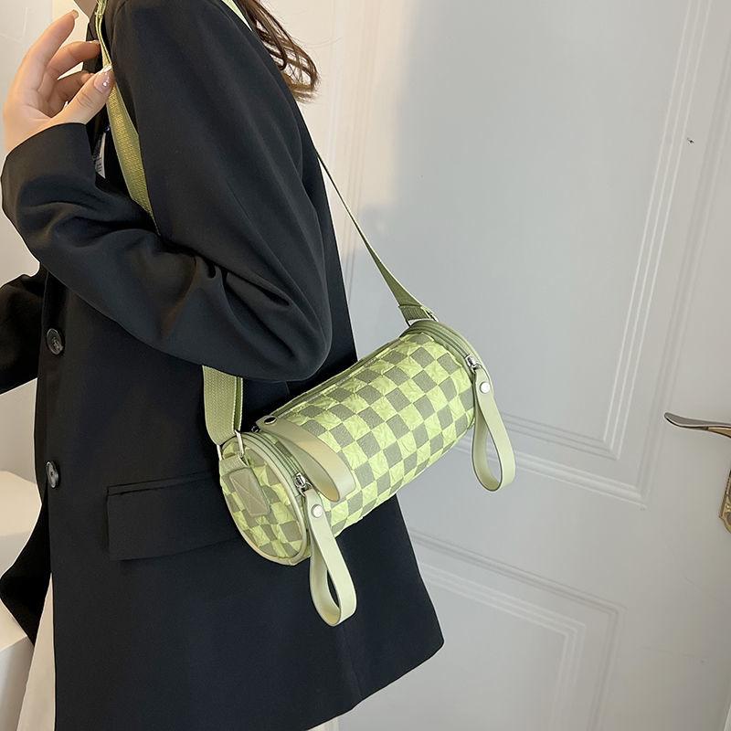 Women's Crossbody Bag Plaid Cylinder Bag Trendy Fashion Casual Simple Wide Shoulder Strap Retro One Small Shoulder Messenger Bag MIT