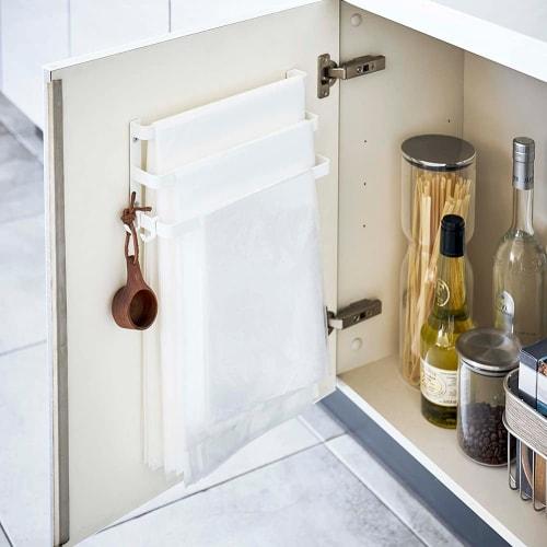 Yamazaki Tosca Sink Door Garbage Bag Holder with Towel Hanger, White, Approx. W26 x D13.5 x H23cm, Adjustable Height, Door Storage, 5030