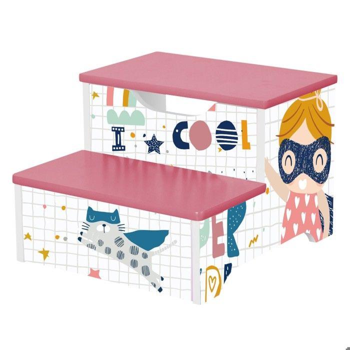 Marchepied enfant GINGER HOME SUPER GIRL – Tabouret bois 2 marches pour salle de bain, cuisine ou chambre, rose, 33x35,5x24,7 cm