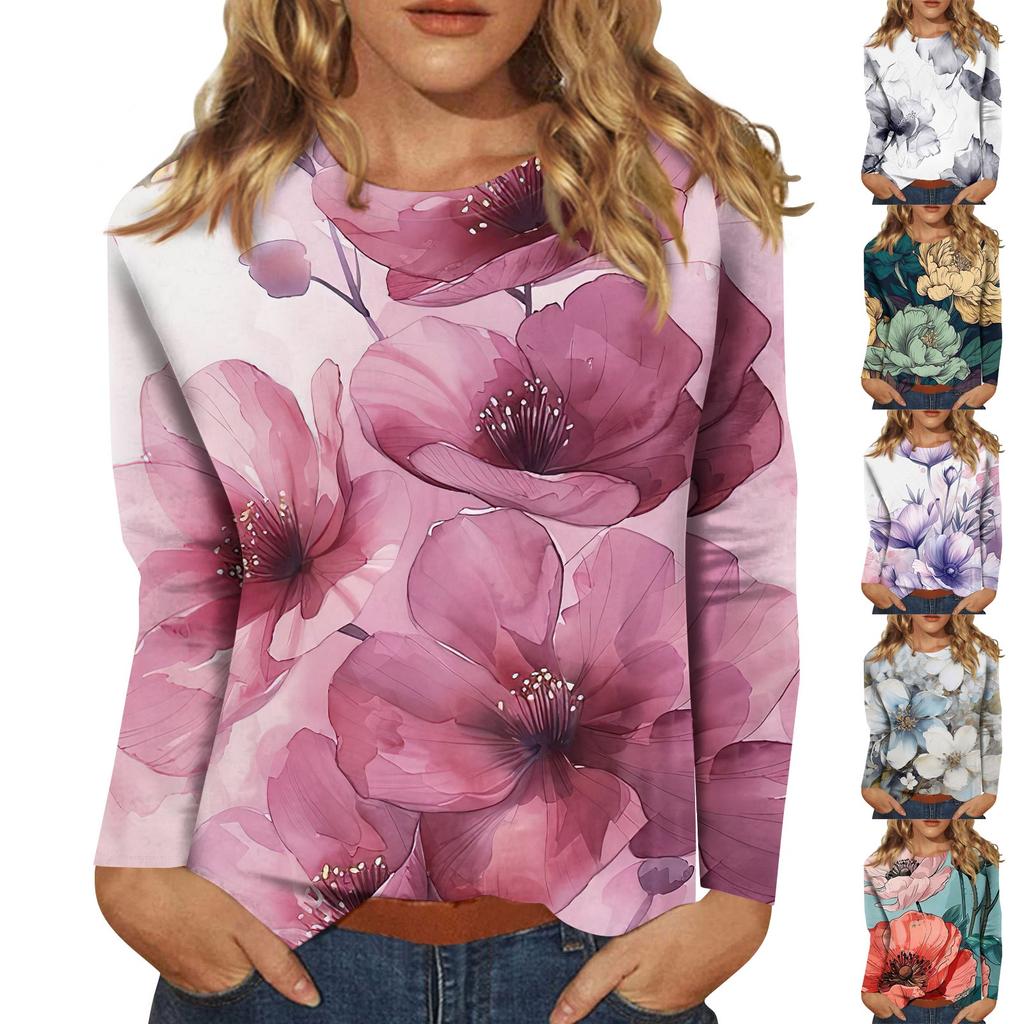 Женская мода повседневный топ с длинным рукавом и круглым вырезом с цветочным принтом