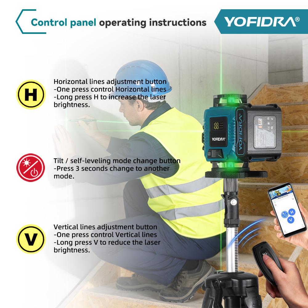 Yofidra 4D Профессиональный Лазерный Уровень 16 Линий Горизонтальный И Вертикальный С Управлением Через Приложение 360° Самовыравнивающиеся Лазерные Уровни