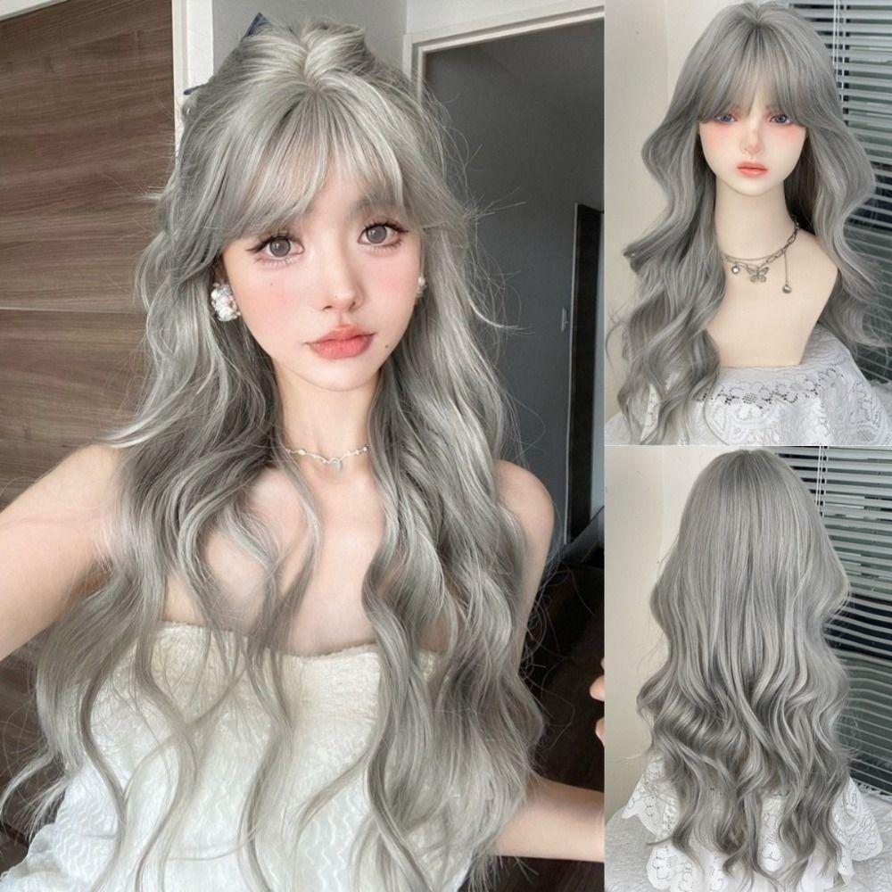 Air Bangs Grey Cosplay Wigs with Bangs Halloween Lolita Headband Wigs Long Curly Wave Hair Girl