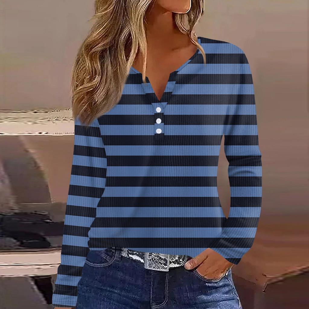 Женская футболка с принтом на пуговицах, длинный рукав, вязаный свитер, повседневный, модный, на выходные, базовый, с V-образным вырезом, обычный топ