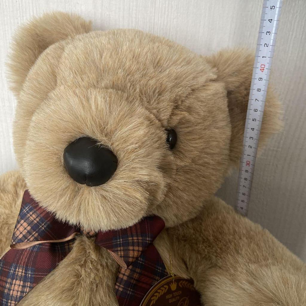 [USED] Extra-large, luxurious teddy bear, approximately 42cm, large, beige with checkered ribbon