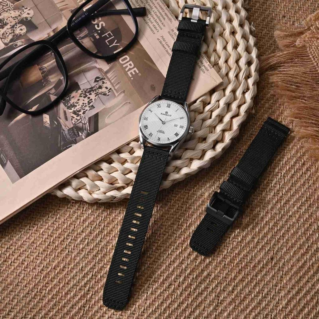 ANNEFIT Нейлоновые часы Военные часы Сменный нейлоновый ремешок с тканевой быстросъемной пряжкой, Ремешок, 18 мм, Двухкомпонентная отделка, Черный/Серебристый