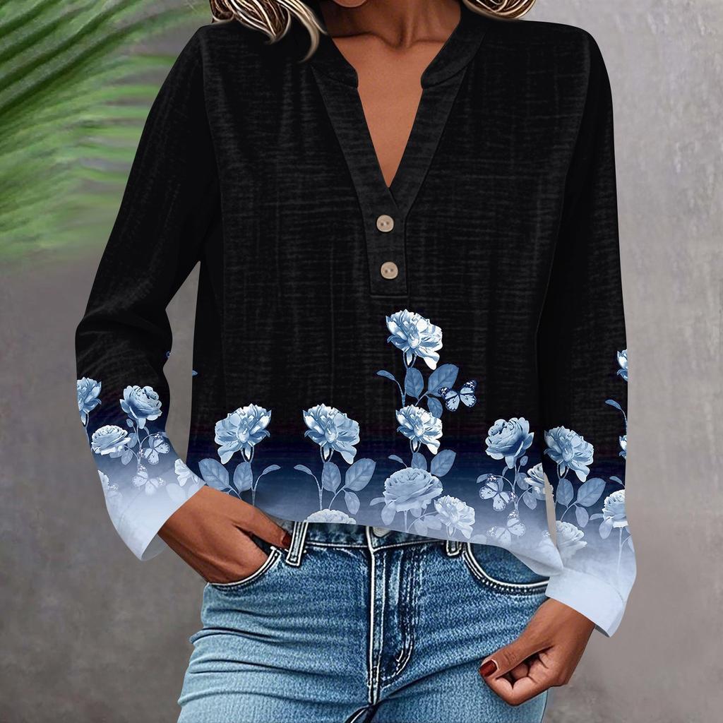 Женская модная и повседневная рубашка с длинным рукавом, V-образным вырезом, на пуговицах, с принтом, блузка, топ