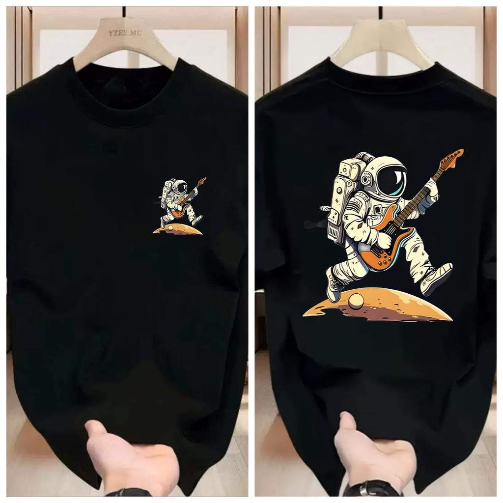 Men Cotton Graphic T-Shirt Astronaut Playing Guitar on Moon Print Casual Round Neck Short Sleeve Summer Tee Men Clothing
