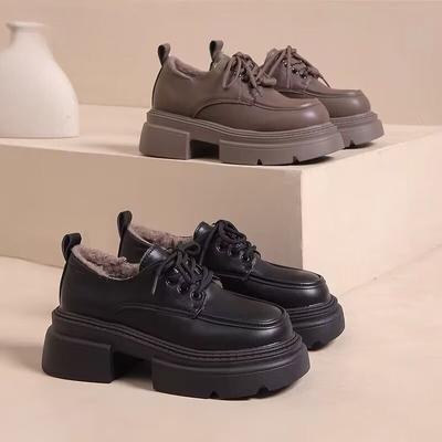 Британский стиль платформа шнуровка маленькие кожаные туфли женские 2025 зима новая универсальная ретро бархатная платформа увеличивающая рост лоферы
