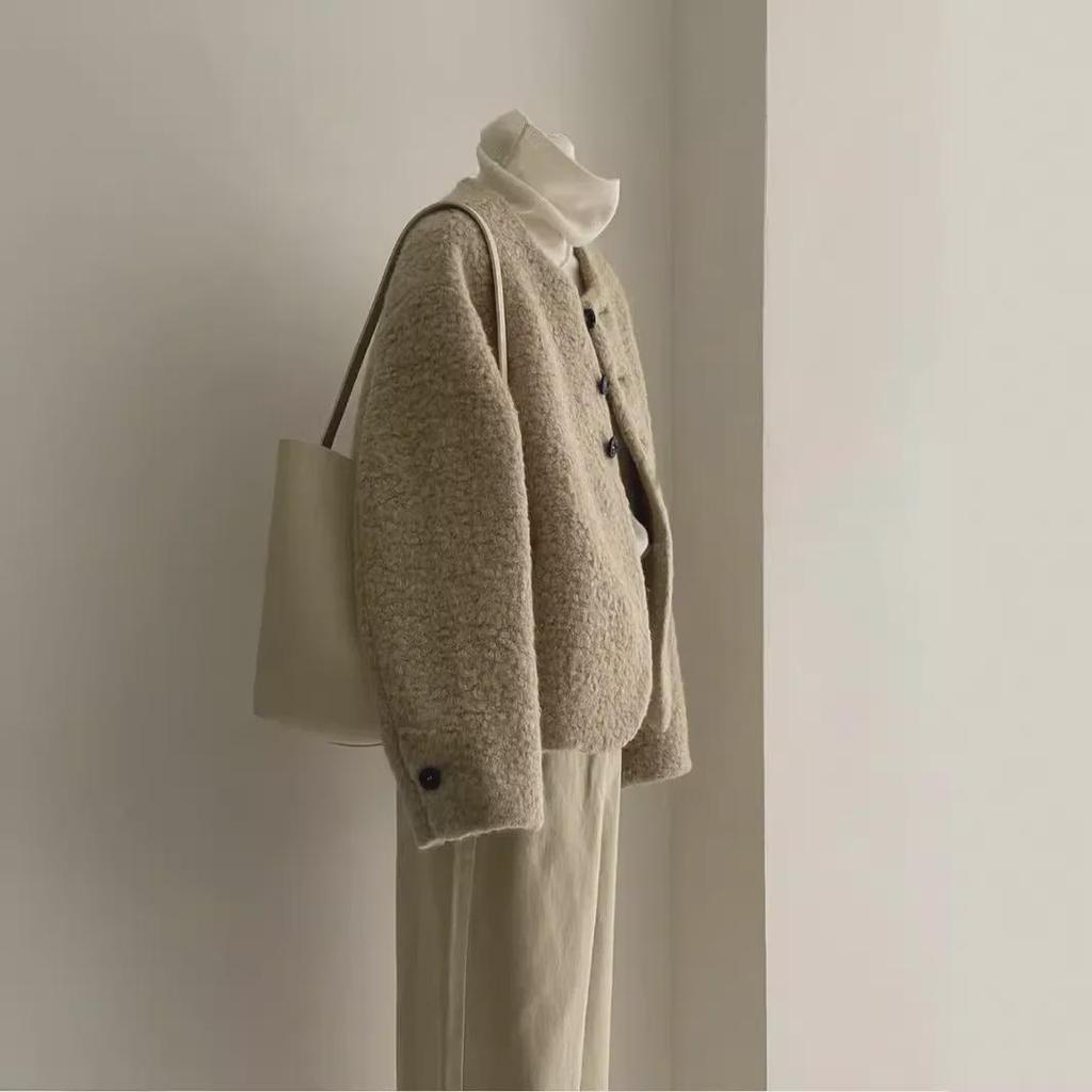 Korean Xiao Xiang Style Lamb Milk Short Jacket for Women - Age-Reducing Small Size In Milk Tea Color