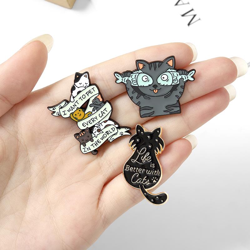 Life Is Better with Cats Enamel Pin Custom Cat Fish Coffee Brooches Shirt Lapel Bag Cute Animal Badge Jewelry Gift for Kids