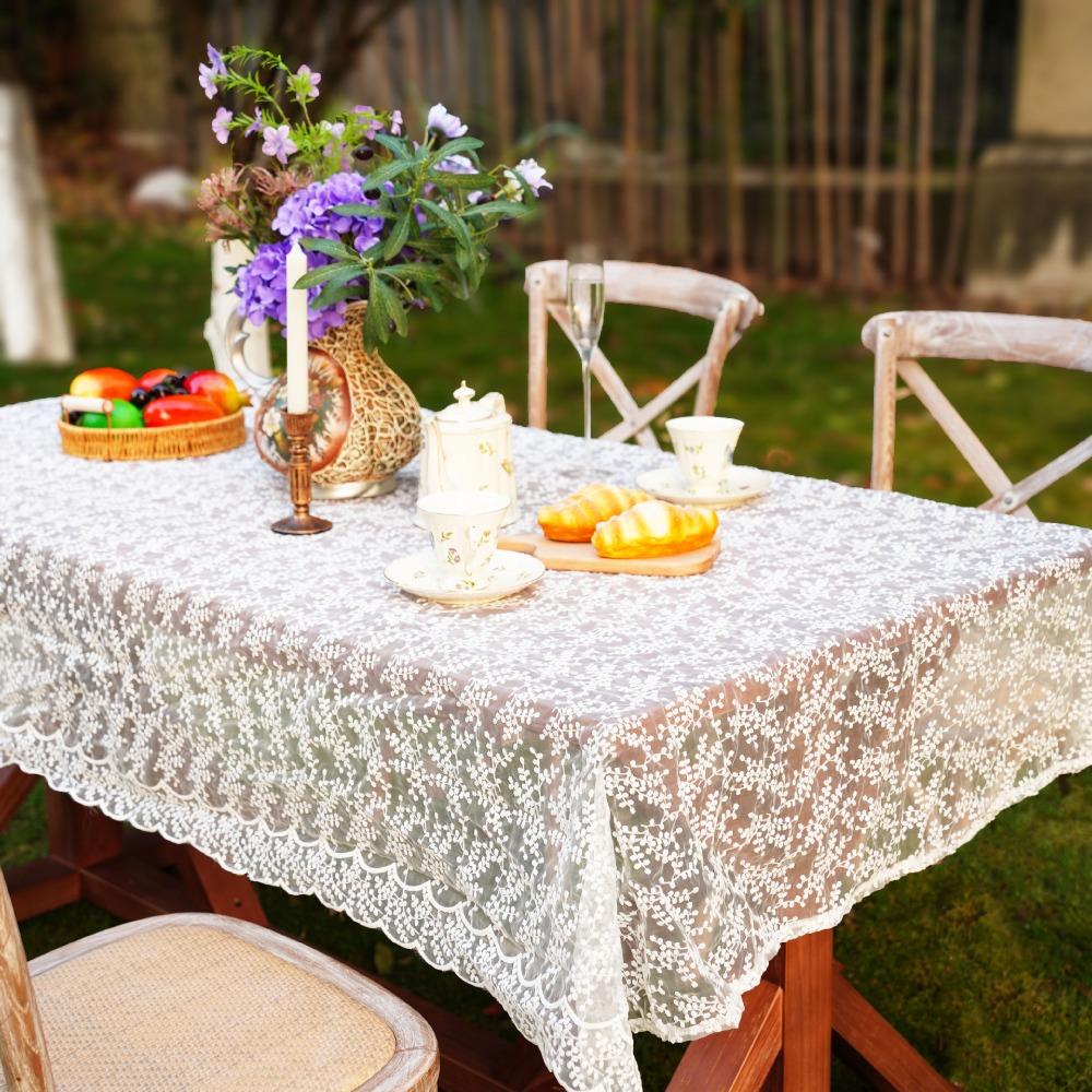 Home Decoration Embroidered French Lace Tablecloth Vintage Organza Table Cover White Table Linen Afternoon Tea