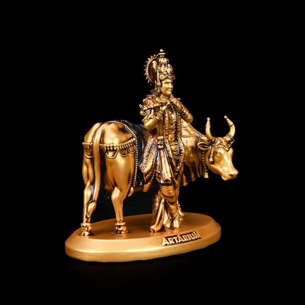 Сделанный вручную Кришна с коровой Мурти Идол Статуэтка Джанамаштами Экспонат для приборной панели автомобиля Домашний декор Офисный и настольный декоративный