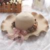 Korea Style Women Hats for Summer Solid Anti-UV Wide Brim Floppy Hats Ladies Flower Garland Beach Hats Wave Brim Sun Hat