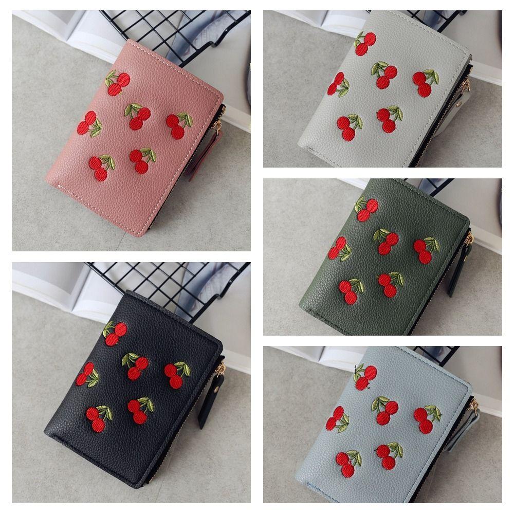PU Leather Retro Cherry Wallets Card Bag Zipper Change Bag Fashion Short Clutch Bag Women