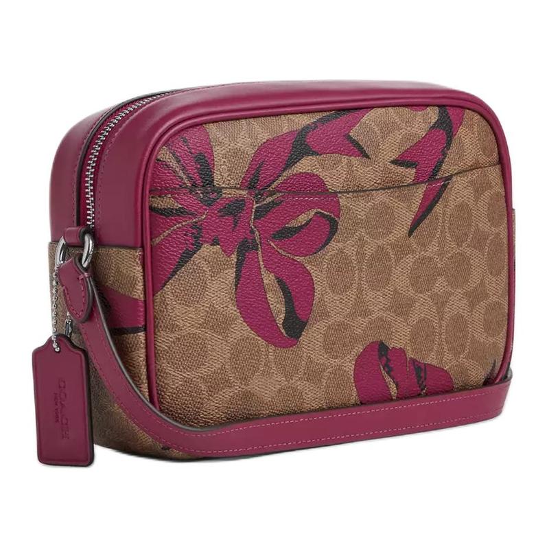 COACH Jamie 22 bow print zipper closure coated canvas camera bag crossbody bag shoulder bag small size women's dark brown with pink