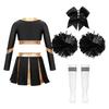Kids Girls Cheerleading Set Long Sleeve Crop Top with Pleated Skirt and Bowknot Headwear Knee High Stockings 2Pcs Flower Balls for Dance Performance